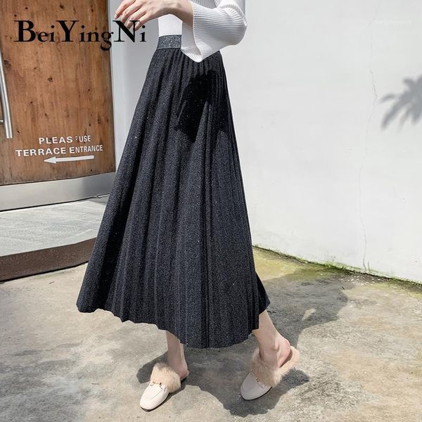

beiyingni korean pleated midi skirt for woman high waist slim knitted vintage skirts womens casual autumn ladies saia faldas1, Black