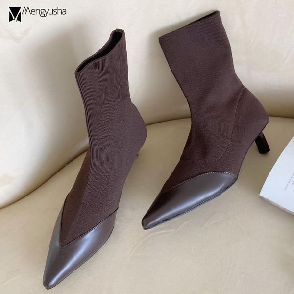 

boots ladies pointed toe sock leather patchwork knitting botines mujer pencil heels stretch fabric short botas women 20211, Black