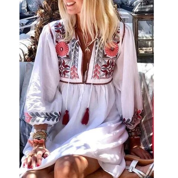 

2021 new spring and summer size big female bohemian style printed with sleeve thin folk fashion dress ruj9, Black;gray