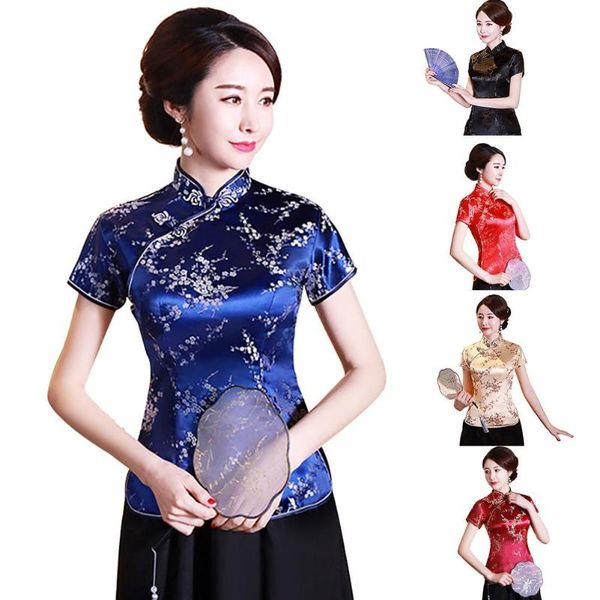 

traditional chinese clothing for women plum blossom print short sleeve stand collar chinese style buttons plus size shirt, Red