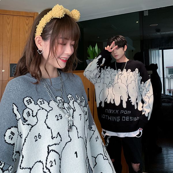 

2021 new women's knitting jersey wrinkled round collar printed wool pullovers autumn fashion all-match sweaters nniy, White;black