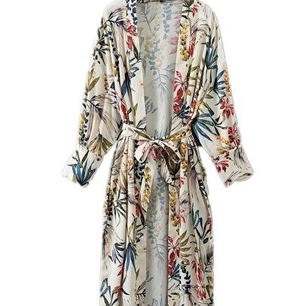 

2021 new vintage neck flower print sheets with banboom kimono tracks back shirt new bandage side divide long cardigan blusa femme zhje, White