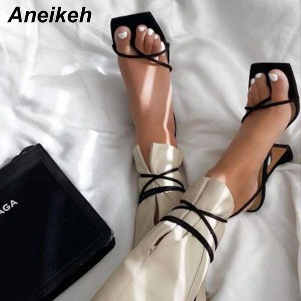 

sandals aneikeh 2021 women shoes ankle strap pu fashion cross-tied spike heels lace-upankle party square toesize35-42black, Black