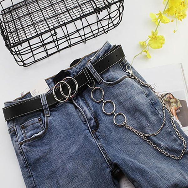 

women punk pants trousers double circle o-ring buckle pu leather jean belt, Black;brown