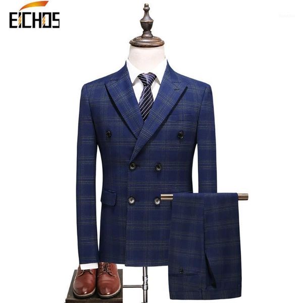 

men's suits & blazers mens double breasted 2021 tuxedo blue plaid men wedding suit for groom formal slim fit 3 pieces plus size 5xl1, White;black