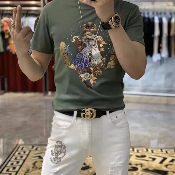 Homens camisetas Mercerizado Algodão Estilo Ocidental Verão Nova Marca de Moda Colorido Laser Luxo Barroco Eagle Rhinestone Tees Masculino Top Verde Preto Branco M-4XL