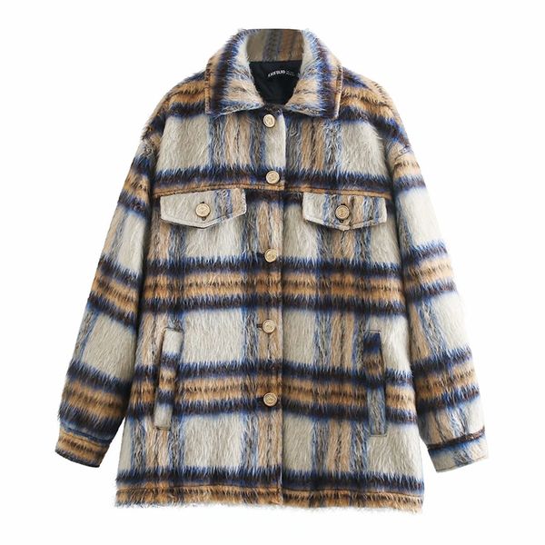 

2021 new vintage stylish casual warm plaid jacket coat women fashion lapel collar long sleeve loose outerwear chic, Black