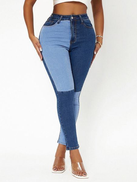 

sxy colorblock high waist skinny jeans u7oc#, Blue