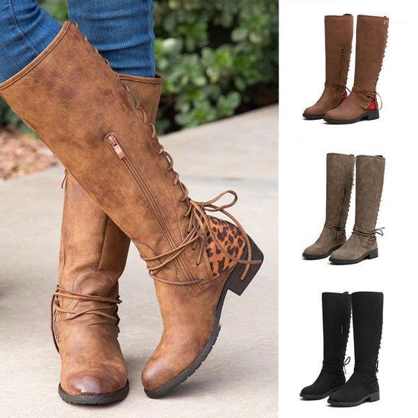 

boots women's ladies fashion leopard cross tie zipper long pu leather female winter warm casual shoes plus size m850#1, Black