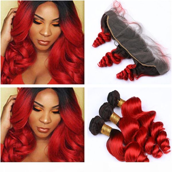 

wine red ombre loose wave 3bundles malaysian hair with frontal closure 13x4 #1b 99j burgundy ombre virgin hair weave wefts with lace frontal, Black;brown