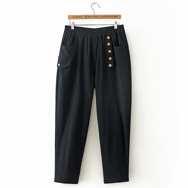 

size 2xl-4xl plus thin elastic cut waistline women's waists cotton casual linen hare pants with pockets and buttons ei03, Black;white