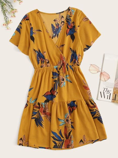 

ruffle hem floral print dress she, Black;gray
