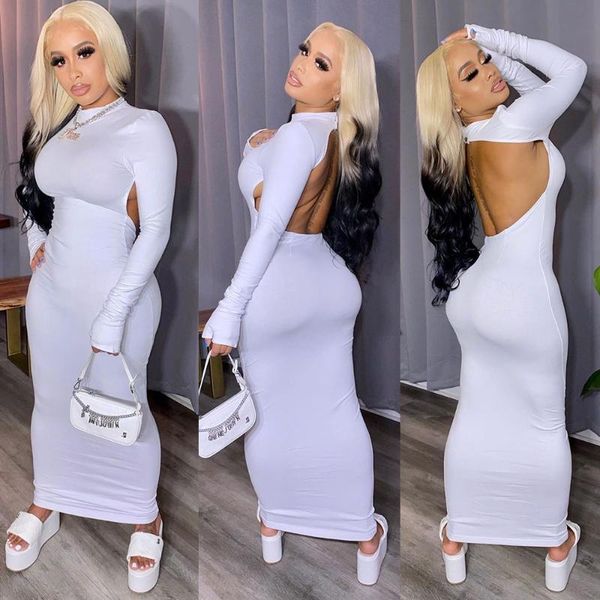 

womens slim fit dress high turtleneck solid color backless elastic bodycon long sleeve long maxi dress with gloves, Black;gray