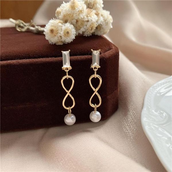 

crystal pearl pendant earrings 8-shape female long paragraph geometric earrings wedding fashion jewelry gifts, Silver