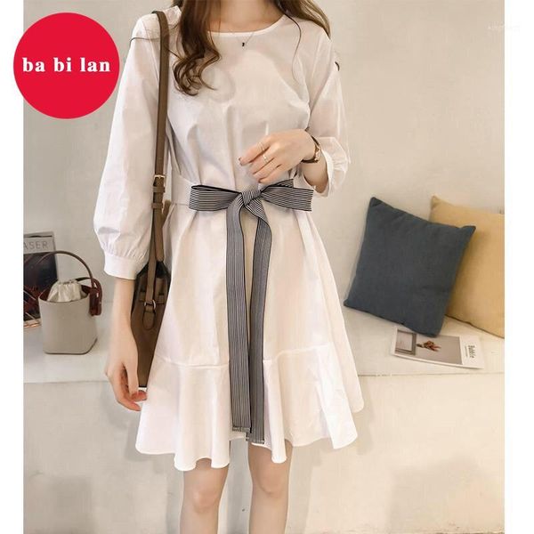

2020 spring and autumn new women's temperament lace bow tie waist dress female a-line gentle girl short tide1, White;black