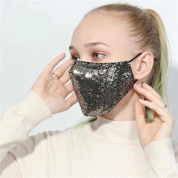 

iyofbling reusable silk sequins 3d washable fashion ice mask pm2.5 care shield sun color gold elbow shiny face cover masks m