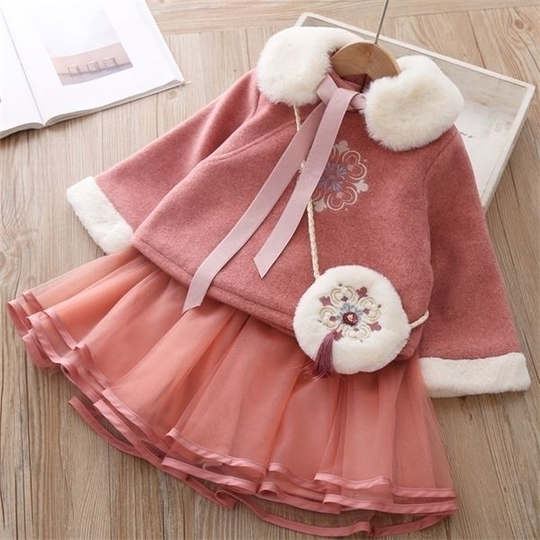 

chinese style retro woolen tang dress mesh skirt set winter clothes thicken warm new year costume baby girl 3pcs y1106, White