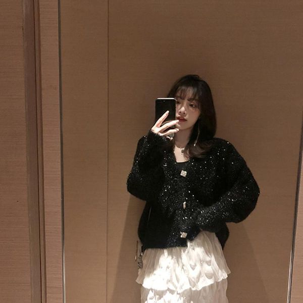 

women's knits & tees autumn and winter bright knitted cardigan loose large net red lazy style sweater coat woman, White