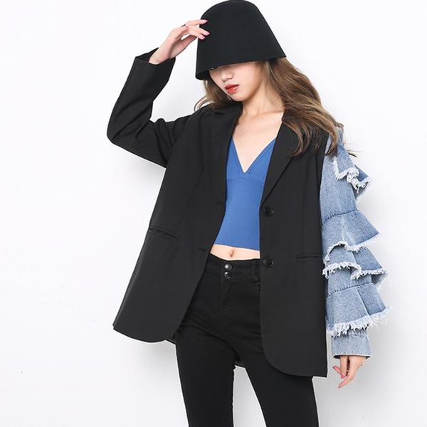 

women's suits & blazers [ewq] 2021 autumn coat women outwear ladies fashion blazer denim patchwork long ruffled sleeve loose single bre, White;black