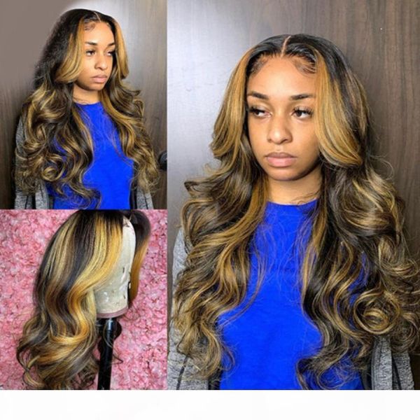 

body wave lace front human hair wigs ombre highlight blonde brown human hair wigs 13x6x1 t part human hair lace wigs for women, Black;brown