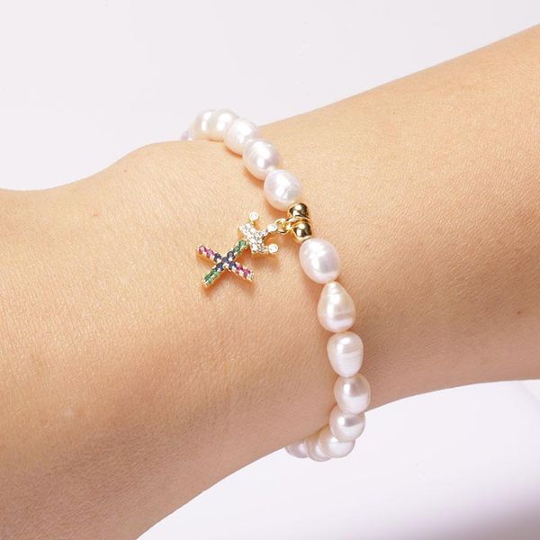 

charm bracelets mixed cz micro-colored zircon 26 initials pendant natural freshwater pearl beaded charms dainty bracelet bangle, Golden;silver