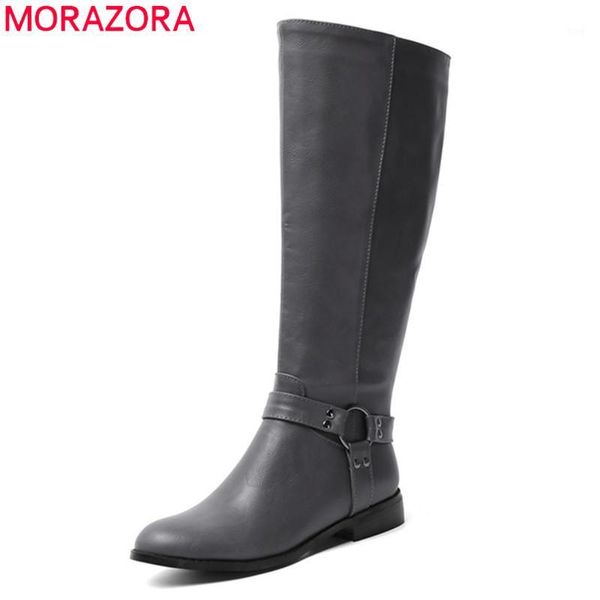 

boots morazora 2021 women knee high round toe zip rivet knight autumn winter low heels shoes female big size 431, Black