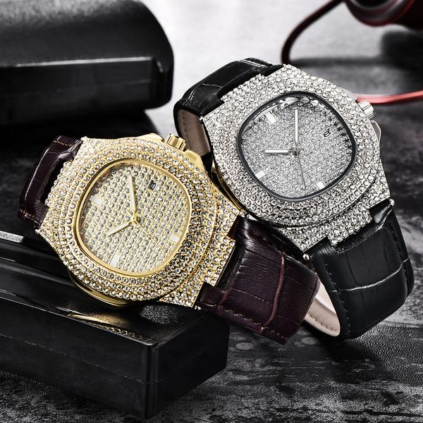

factory outlet men's luxury diamond watch fashion square leather quartz 2 color men's business watch support customized wholesale, Slivery;brown