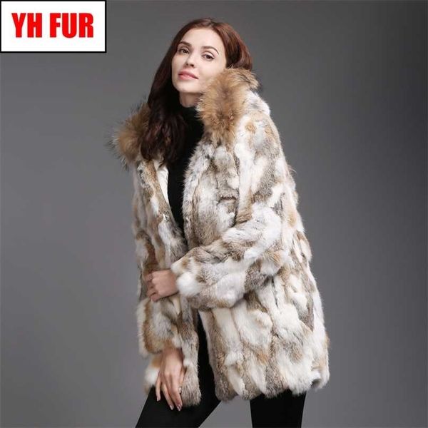 

women real rabbit fur coat winter warm soft jacket raccoon collar hooded long sleeves outerwear 211220, Black