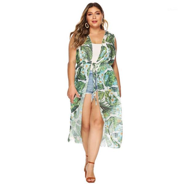 

women large big size floral printing clothes casual sleeveless high waist cardigans plus size fashion open stitch chiffon trench1, Tan;black