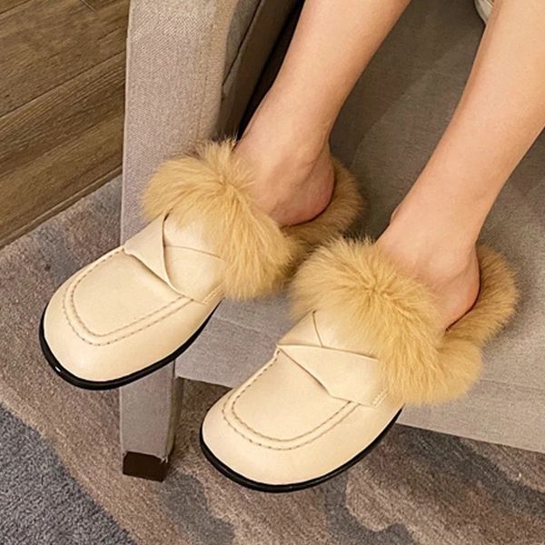 

2021 winter new faux fur mules slip on round toe furry slipper shoes flat heel casual warm sandal slides, Black