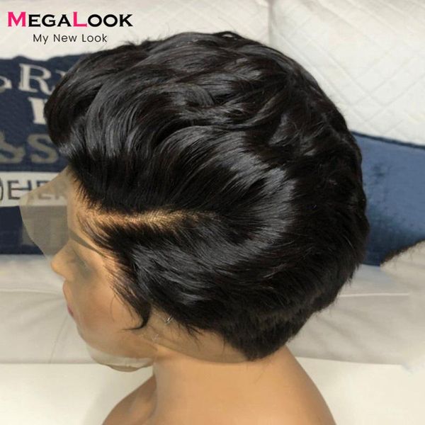 

13x4 lace front wig short pixie cut human hair wig pre plucked for black women megalook remy brazilian straight hair 180%, Black;brown