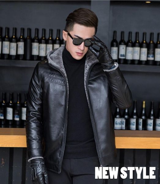 

mens shearling leather jacket true sheepskin men jacket real sheep fur coat fashion genuine leather men's coat, Black