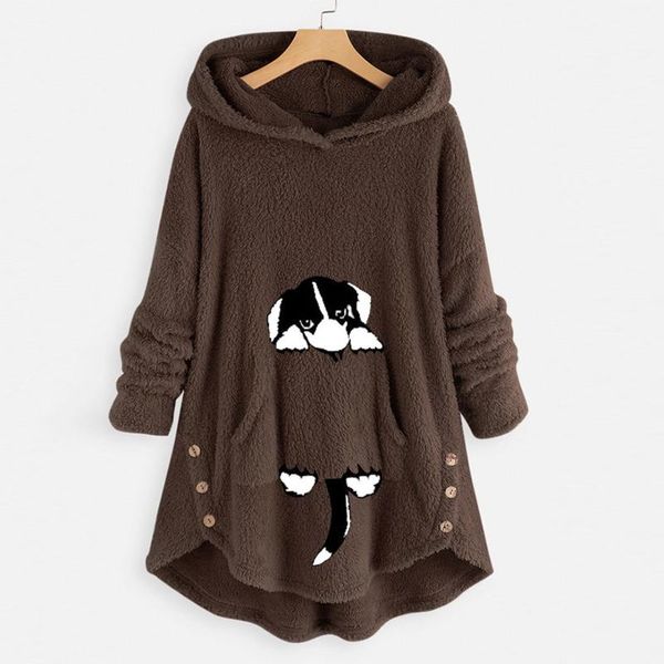 

women dog embroidery fleece asymmetrical button hem hoodie sweatshirt blouse, Black