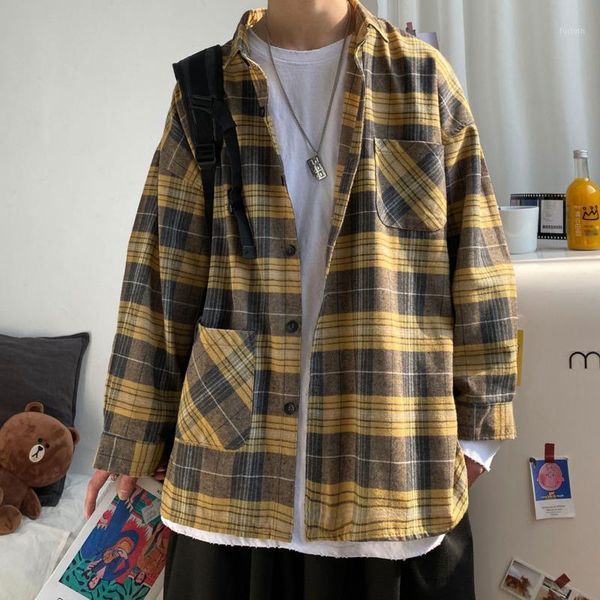 

spring cotton plaid shirt men's fashion retro casual shirt men streetwear korean loose long sleeve shirts mens dress -2xl1, White;black