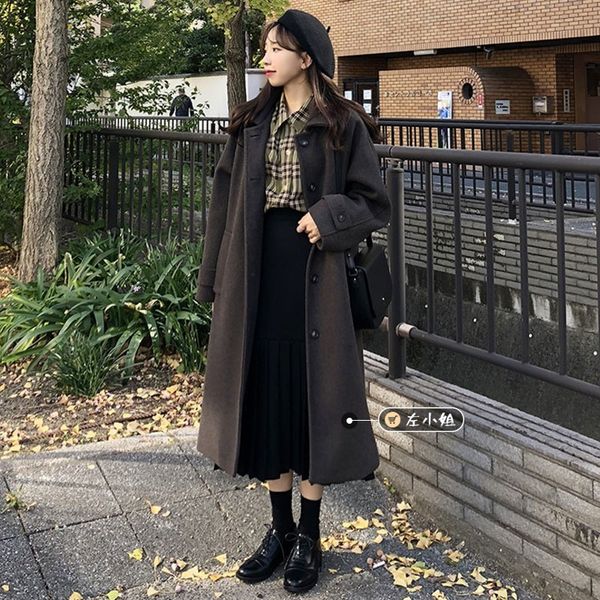

autumn winter 2020 new british style medium long single breasted lapel woolen coat, Black