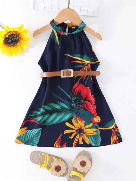 

toddler girls floral print halter dress without belt she, Red;yellow