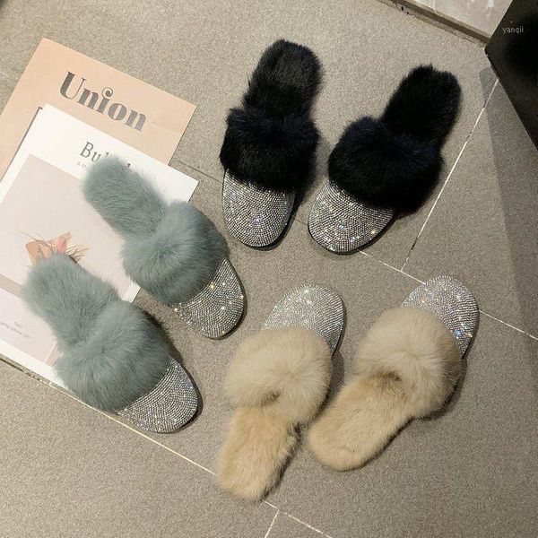 

slippers hairy women 2021 autumn and winter korean fashion outer wear rhinestones ins baotou a pedal lazy shoes trend1, Black