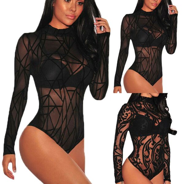 

women sheer mesh lace jumpsuit long sleeve turtleneck bodysuit usa, Black;white