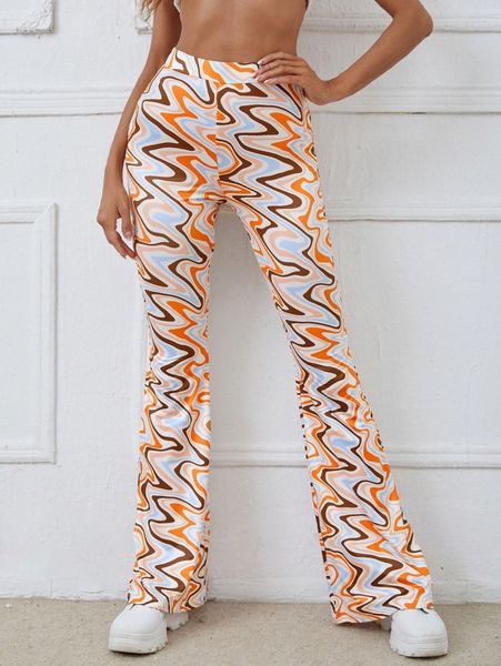 

allover print high waist flare leg pants i4mu#, Black;white