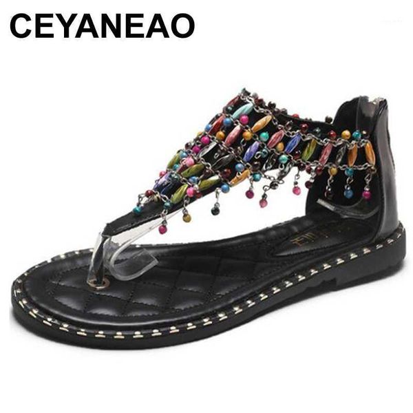 

ceyaneao women sandals 2020 new summer wild student fairy bohemian wind rhinestone roman toe clip flat shoes1, Black