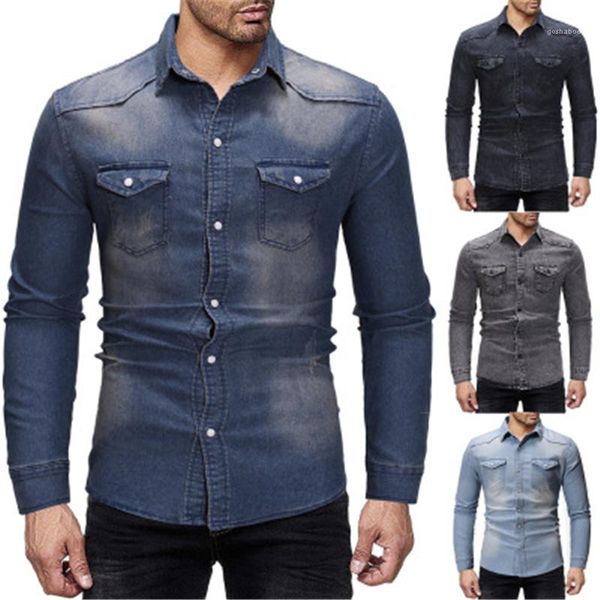 

neck plus size shirts spring male casual single breasted slim mens denim skinny shirts fashion retro trend long sleeve cardigan lapel, White;black