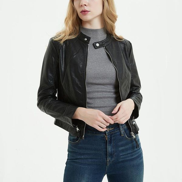 

european 2020 women long sleeve jacket pu leather zippers autumn jacket outerwear motor biker soft leather elegant coat1, Black