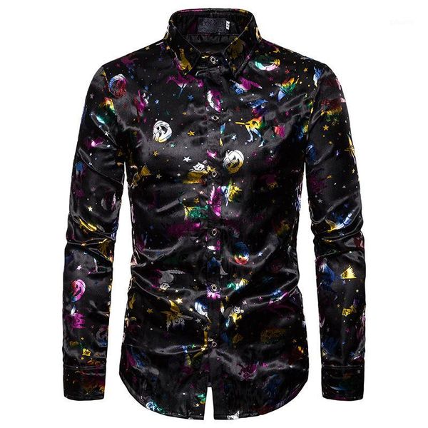 

black silk satin printed shirt men long sleeve casual button down dress shirt party dance male christmas halloween costume1, White;black