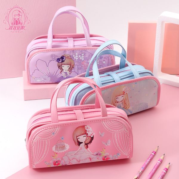 

girl lace pink portable stationery bag large capacity zipper multifunctional canvas pencil case fashion cartoon student