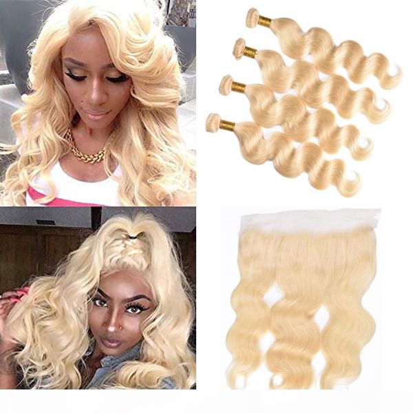 

brazilian virgin hair extensions body wave 613# blonde human hair bundles with closure 3 bundles with 13x4 lace frontal for hair salon, Black;brown