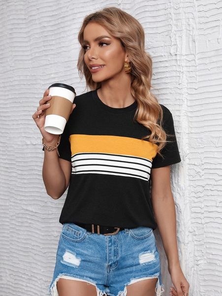 

striped & colorblock round neck tee c9o5#, White