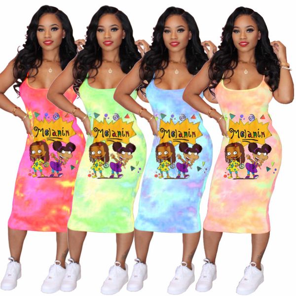 

women designer dresses fashion tie-dyed cartoon suspender skirt designer t shirts dresses ladies casual dresses summer clothess-3xl, Black;gray