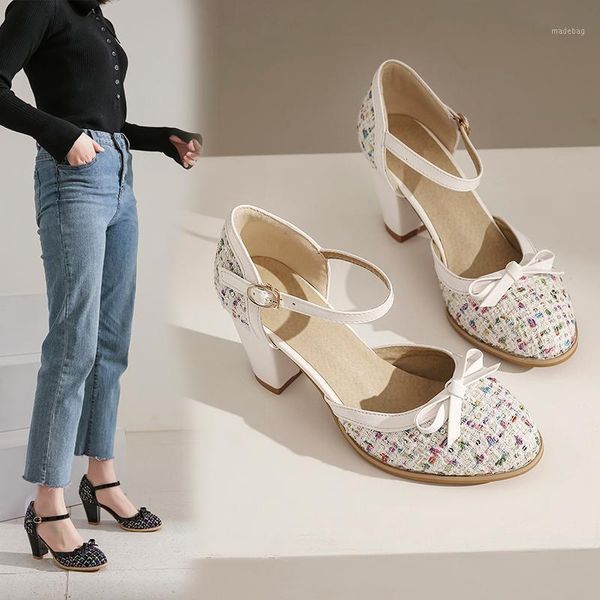 

dress shoes 2021 spring high heels women mixed material thick heel bow casual round toe ankle strap buckle ladies pumps1, Black