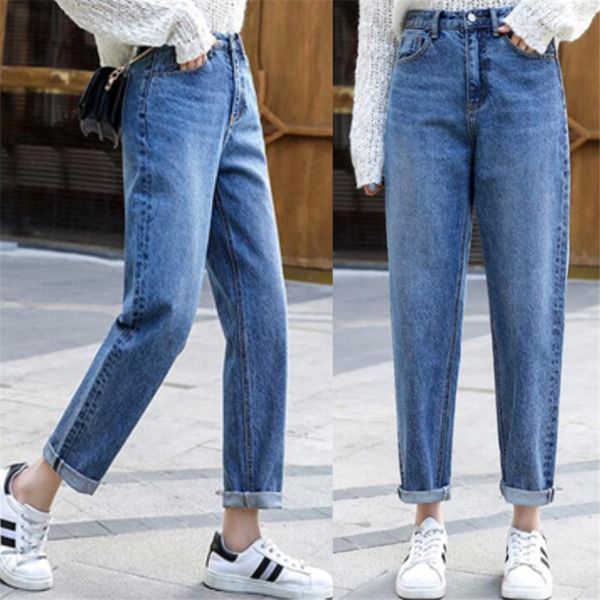 

2021 new high-waisted mother of vintage korean jeans boyfriend for loose women plus size female ladies 10za, Blue