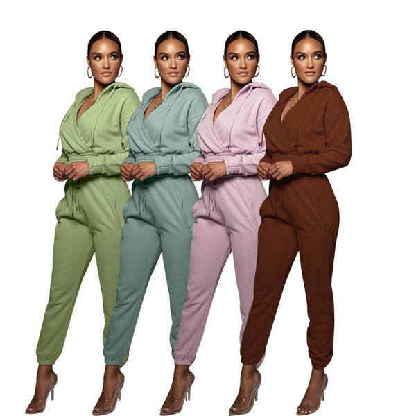 

women's tracksuits casual solid color hooded open v-closed trousers women's clothing autumn and winter fashion slim long-sleeved s, Gray